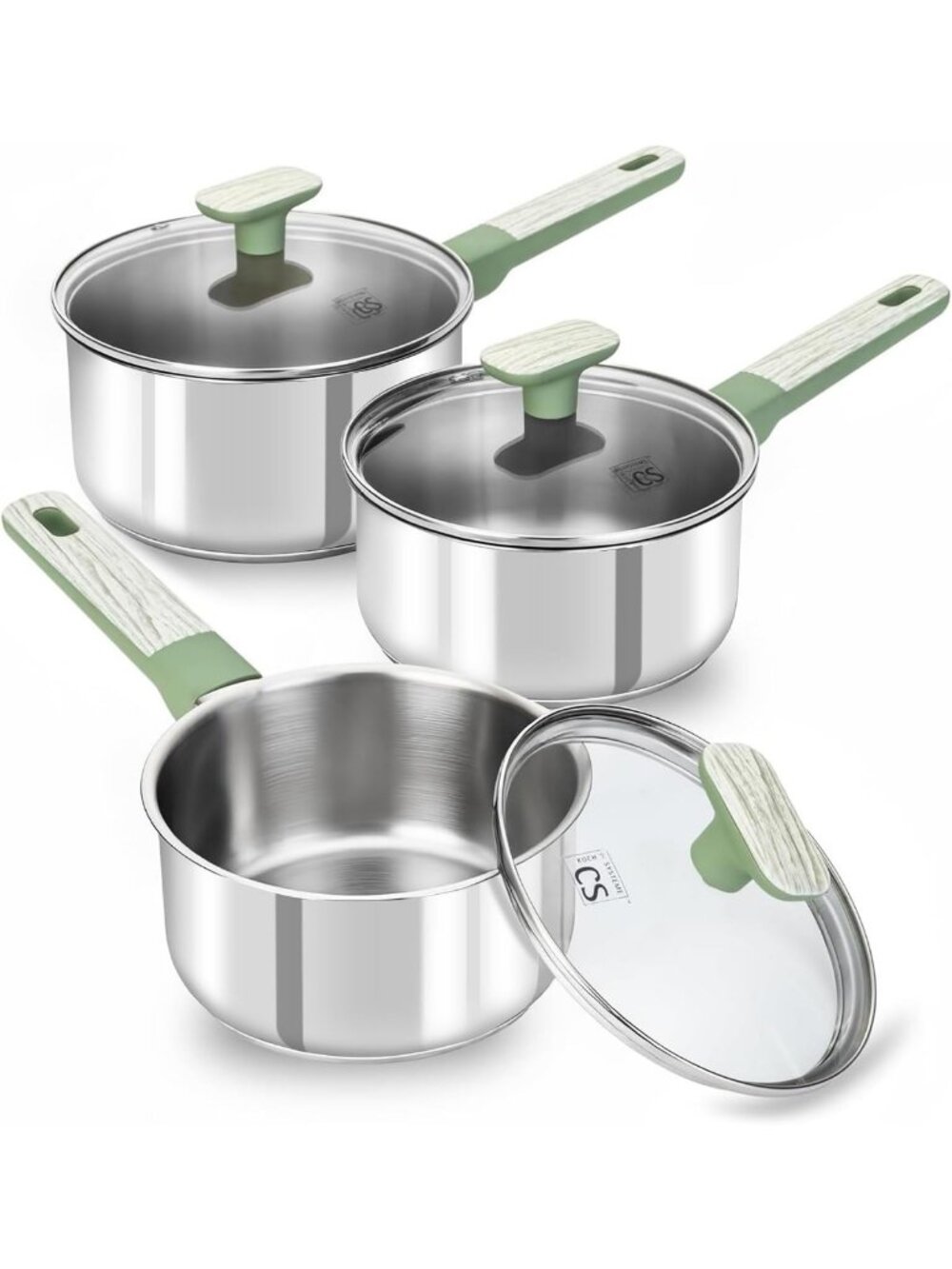 6-Piece Stainless Steel Saucepan Set - Induction Compatible, Triply Base, Green